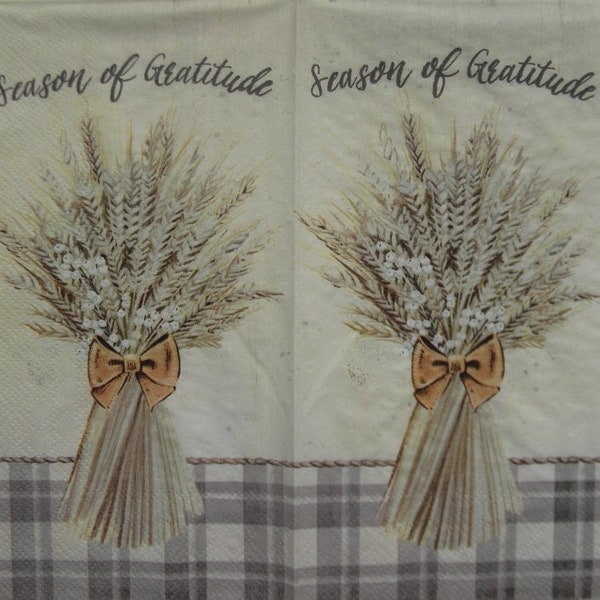 4 Decoupage Dinner Napkins Harvest Wheat Tan Dried Wheat Sheaves Bundle Baby's Breath Bouquet Brown Bow Plaid Fall Guest Towel Paper Napkins