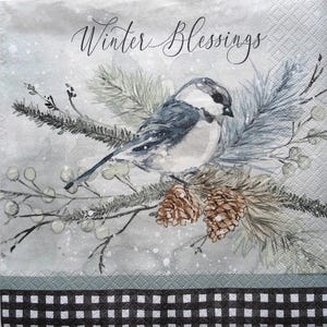 4 Decoupage Luncheon Napkins Winter Blessings Song Bird Cerulean Warbler Watercolor Snow Tree Branch Pinecones Check Border Paper Napkins