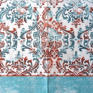 4 Decoupage Dinner Napkins Teal and Rust Damask Leaf Design Shabby Chic Toile Paper Guest Towel Napkins