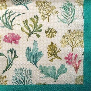 May include: A square paper napkin with a repeating pattern of colorful sea plants and coral. The plants are in shades of green, teal, and gold, with pink coral accents. The background is off-white with a subtle dotted texture, and the border is teal.