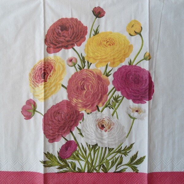 4 Decoupage Dinner Napkins Spring Flowers Pink Yellow White Peach Floral Camellia Ranunculus Rose Guest Towel Paper Napkins