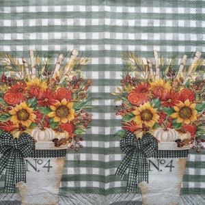 May include: Two white ceramic flower pots with black and white checkered ribbon bows. Each pot has a green and white checkered background and a bouquet of sunflowers, red and orange flowers, and green leaves. The text "No. 4" is printed on each pot.