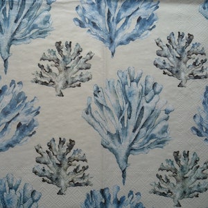 May include: A white background with a repeating pattern of blue and gray coral. The coral is stylized and looks like watercolor.