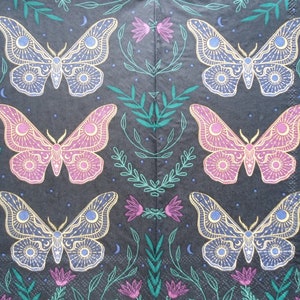 May include: Black background with a repeating pattern of gold and purple butterflies with floral accents. The butterflies have a detailed design with circles and crescent moons.