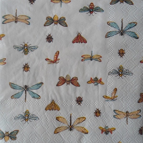 4 Decoupage Cocktail Napkins Nature Flying Insects Honey Bees Dragonflies Beetles Moths Damselfly Bugs Paper Beverage Napkins
