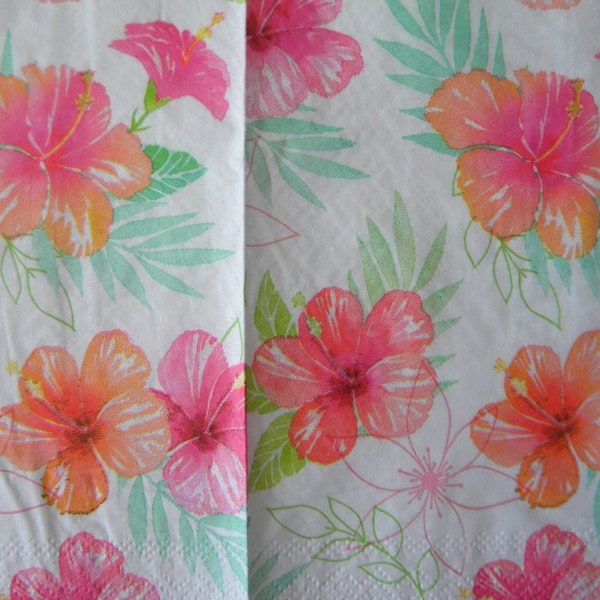 4 Decoupage Dinner Napkins Pink and Peach Hibiscus Hawaiian Flowers Tropical Pastel Guest Towel Paper Napkins