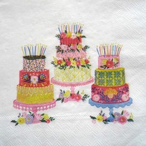 4 Decoupage Luncheon Napkins Floral Birthday Cake 3 Tiered Cakes on Display Plate Stand Flowers Candles Paper Napkins