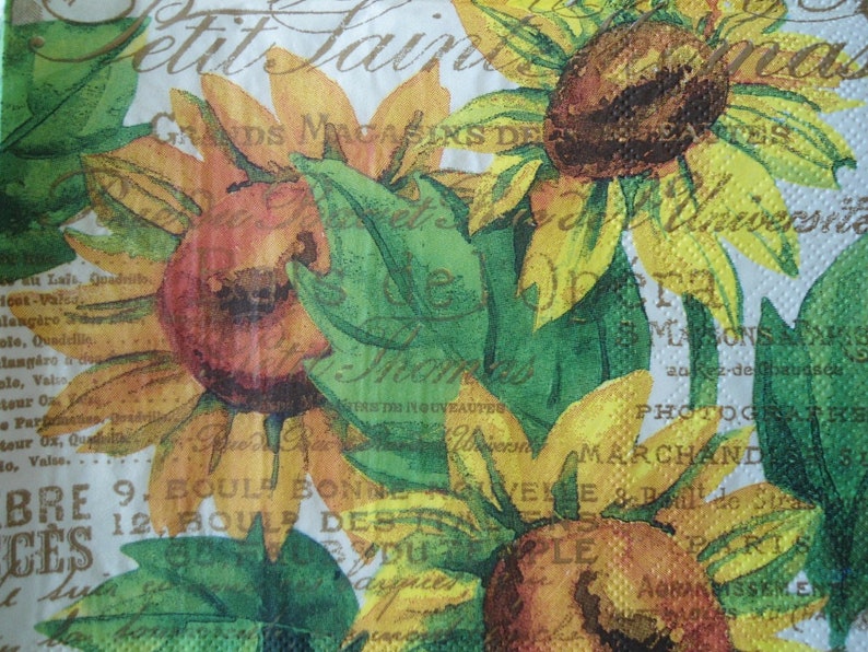 4 Decoupage Luncheon Napkins Sunflower Watercolor French Print Gold Scripted Writing Yellow Brown Green Orange Floral Paper