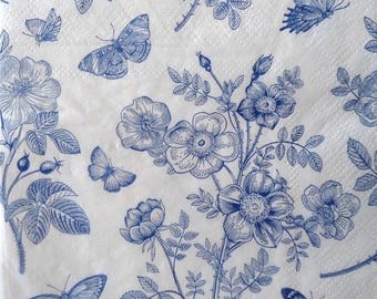 4 Decoupage Cocktail Napkins Butterflies and Flowers White with Navy Blue Sketched Flowers and Leaves Drawings Beverage Paper Napkins