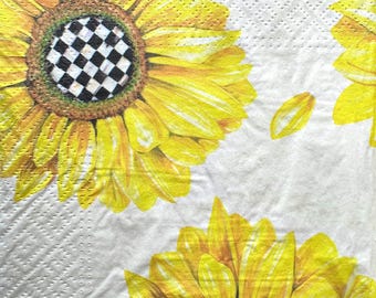 3 Decoupage Large Dinner Napkins Mackenzie Childs Yellow Sunflowers Black White Check Paper Napkins 8"x8"