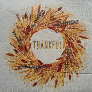4 Decoupage Cocktail Napkins Thankful Fall Wreath Wheat Stems Flowers Fall Leaves Gold Foil Lettering Beverage Paper Napkins