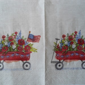 4 Decoupage Dinner Napkins Patriotic Red Wagon Filled with Red White and Blue Flowers American Flag Classic Radio Flyer Paper Napkins