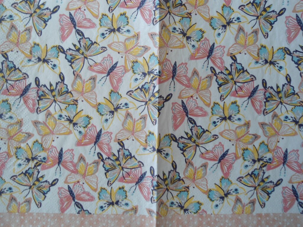 4 Decoupage Dinner Napkins Peach Pink Blue Yellow Butterflies Small Pastel Butterfly Collage Guest Towel Paper Napkins