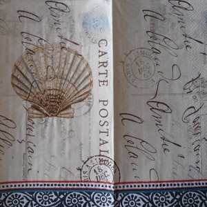 4 Decoupage Dinner Napkins Coastal Postal Seashell Postage Stamp Postcard Script Writing French Vintage Blue Beige Guest Towel Paper Napkins