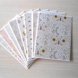 8 Handmade Notecards with Envelopes Celestial Floral with Gold Foil Moths Moon Phases Stars Sun Mystical A2 size