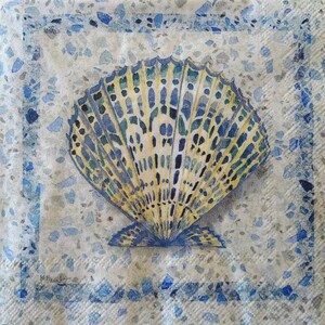 May include: A square paper napkin with a seashell design. The seashell is primarily yellow and blue, with intricate details. The background has a speckled pattern in shades of blue and white, with a blue border.