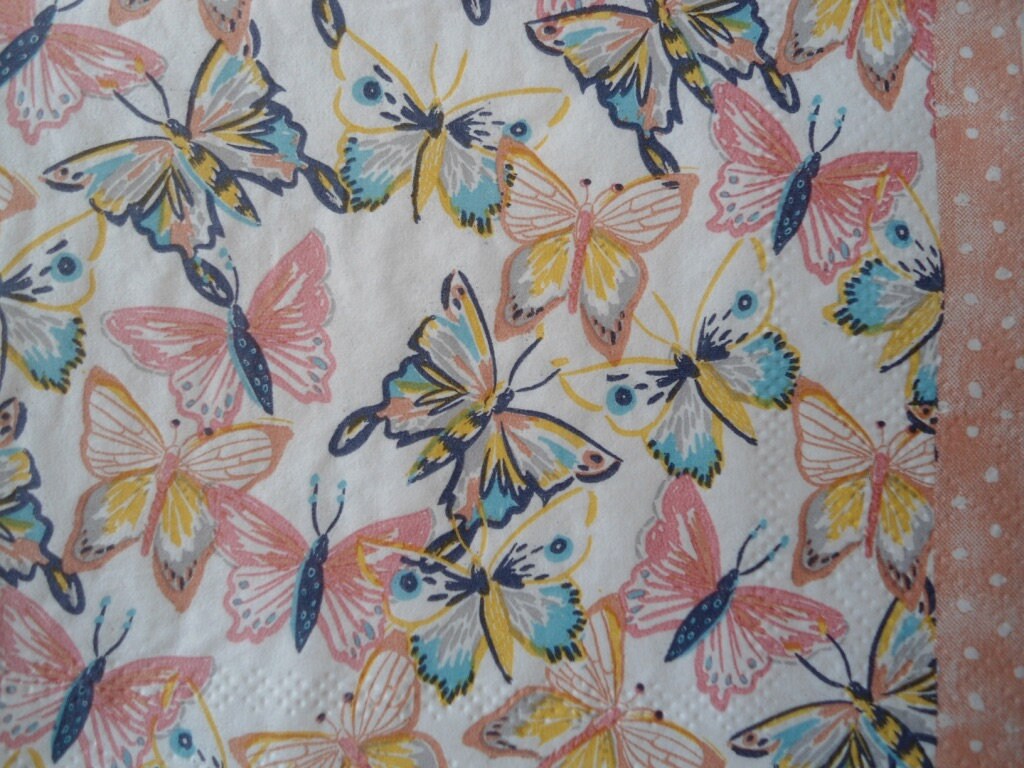 4 Decoupage Cocktail Napkins Peach Pink Blue Yellow Butterflies Small Pastel Butterfly Collage Beverage Paper Napkins