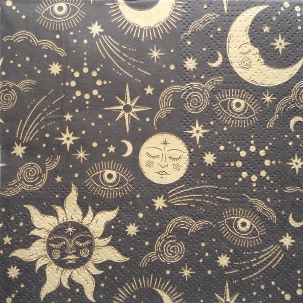 4 Decoupage Cocktail Napkins Celestial Black Night Sky Gold Sun Moon Stars Sun Evil Eye Beverage Paper Napkins