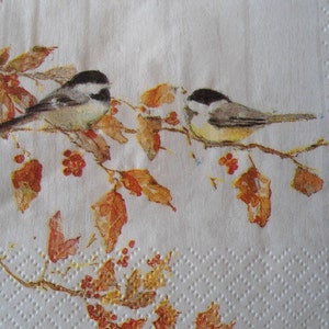 4 Decoupage Cocktail Napkins Chickadee Birds on Branches Fall Leaves Orange Yellow Autumn Scene Beverage Paper Napkins