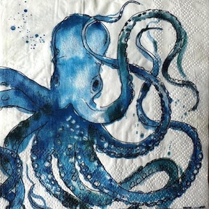 May include: A blue watercolor illustration of an octopus on a white background. The octopus has multiple tentacles and is depicted in shades of blue with darker accents. The image has a textured appearance.