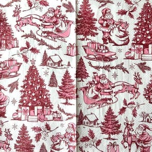 4 Decoupage Dinner Napkins Christmas Toile Pink and Red Santa Sled Reindeer Xmas Trees Presents Winter Farm House Guest Towel Paper Napkins