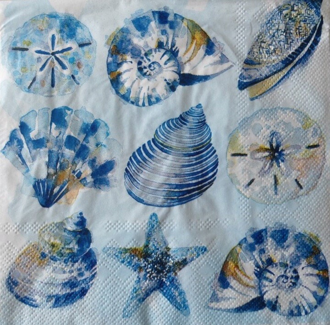 2 Decoupage Luncheon Napkins Blue Watercolor Seashells Etsy