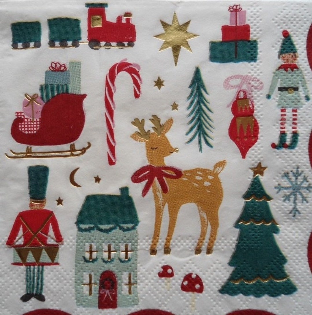 2 Decoupage Cocktail Napkins Christmas Collage Reindeer Tree Etsy
