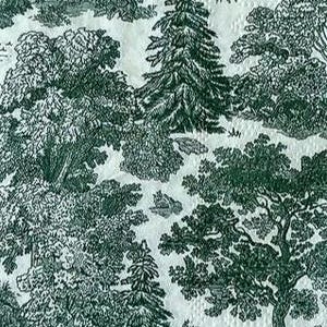 May include: A forest-themed fabric with a detailed toile design. The pattern features a variety of trees, including pine and deciduous varieties, in a dark green hue against a white background. The illustration style is reminiscent of classic landscape art.