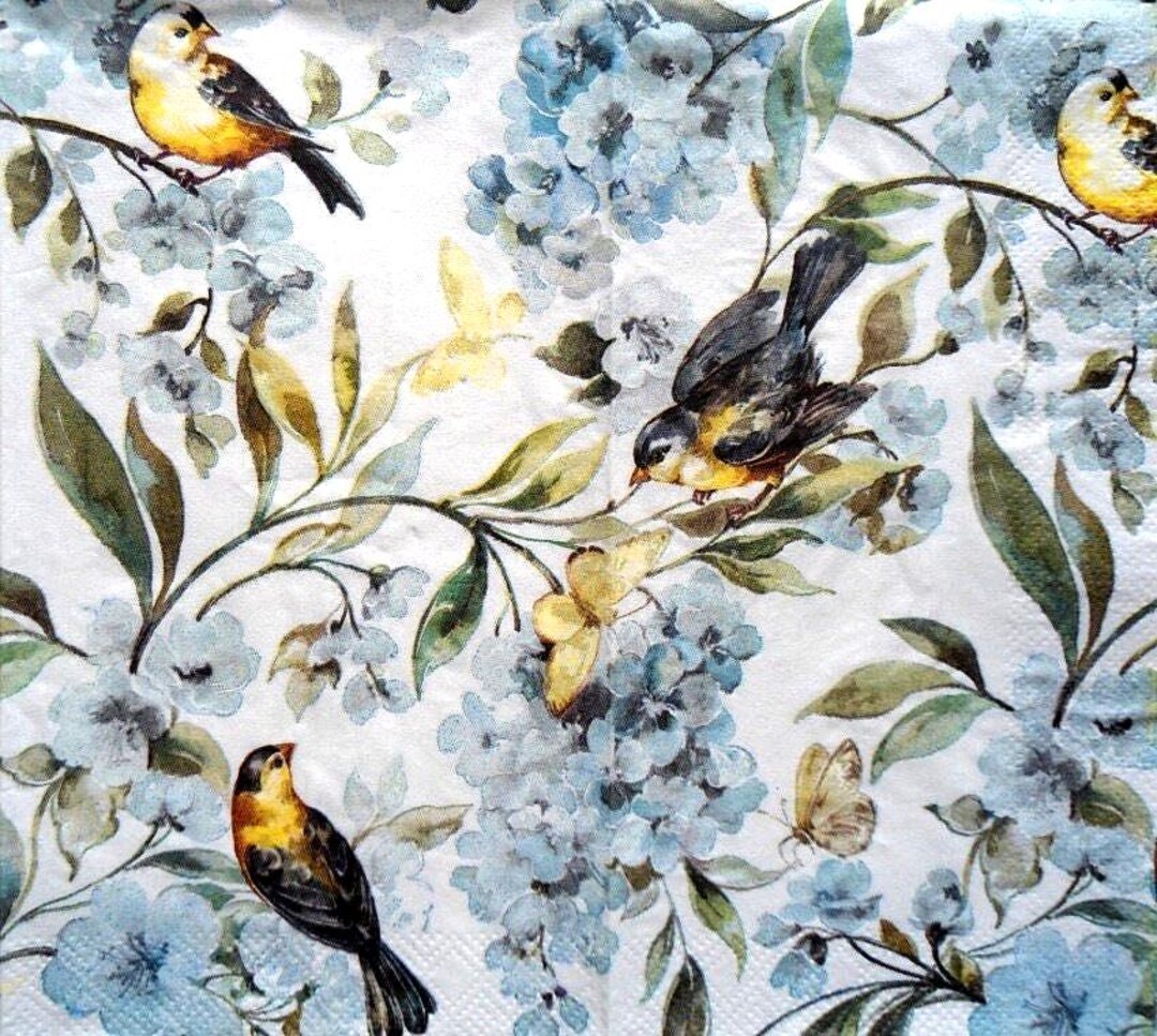 4 Decoupage Dinner Napkins Birds and Blooms Birds Sitting on Branches ...