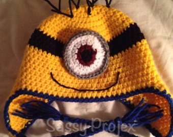 yellow minion inspired hat, kids earflap hat, kids yellow friend hat