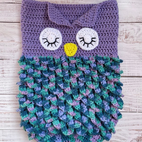 Cocon hibou au crochet, sac de sommeil pour bébé hibou, couverture de hibou au crochet, sac de hibou, dormeur de cocon de hibou en tricot