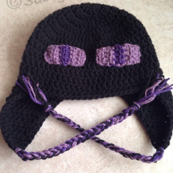 Minecraft inspired crochet hat, Enderman hat, video game hat with ear flap or beanie, minecraft hat, mine craft hat, crochet enderman