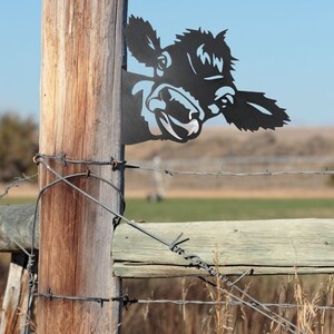 May include: A black metal silhouette of a cow's head peeking around a wooden fence post. The cow's head is facing the right side of the image and has a playful expression. The fence post is brown and weathered, with a wire fence running across the top.
