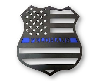 Police Law Enforcement Officer Custom Metal Badge Black and Blue Flag Wall Art 13.5 to 25 Inches Tall