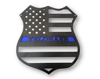 Police Law Enforcement Officer Custom Metal Badge Black and Blue Flag Wall Art 13.5 to 25 Inches Tall