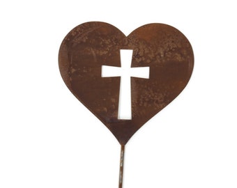 Religious Christian Cross Metal Heart Pet Memorial Stake 21 to 28 Inches Tall