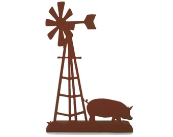 Metal Windmill and Pig Free Standing Home Decor 14.75 Inches Tall Powder Coated
