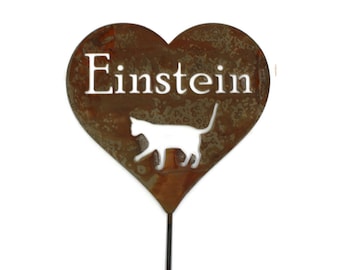 Metal Grave Marker Garden Sign Stake Heart Shape with Cat 20 to 33 Inches Tall