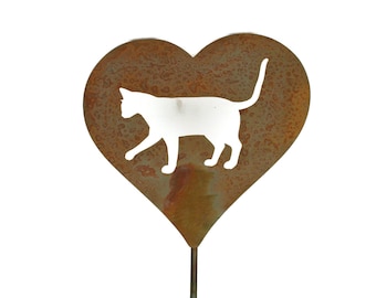 Cat Heart Shaped Rustic Metal Pet Memorial Garden Stake 21 to 28 Inches Tall
