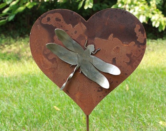 Dragonfly Metal Garden Stake Heart 23 Inches Tall