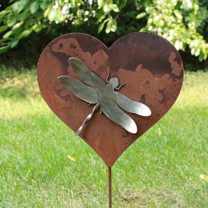 Dragonfly Metal Garden Stake Heart 23 Inches Tall