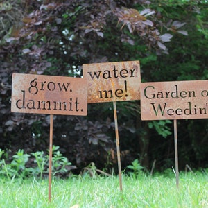 Funny Garden Stake Gift Set: Rusted Metal Plant Markers, 20 Inch