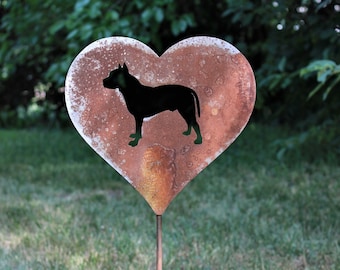 Pit Bull Terrier Dog Metal Heart Pet Memorial Stake 20 to 28 Inches Tall