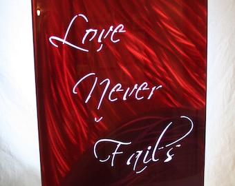 Love Never Fails Airbrushed Aluminum Panel Backlit Wall Art 18x30 Inches