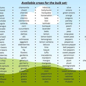 May include: A list of available crops for a bulk set, including alliums, apples, basil, beans, beets, broccoli, carrots, and many more. The text is displayed on a light blue background with a green gradient at the bottom.