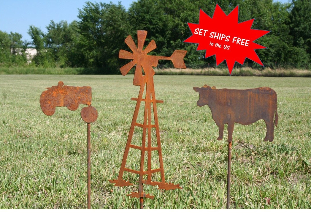 Farm yard stake set, Farmer gift set, Ranch gift set, Windmill Stake