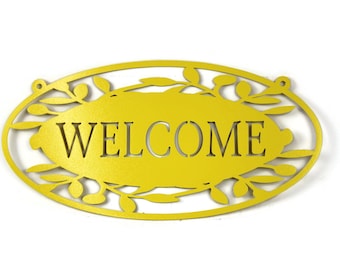 Metal Welcome Sign Wall Art With Leaf Pattern 16 Inches Wide