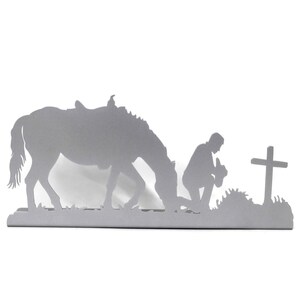 Praying Cowboy Free Standing Metal Decor 16 Inches Wide Silver