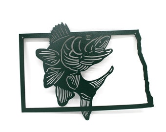 North Dakota Walleye Fishing Metal Wall Art Sign 22 Inches Wide