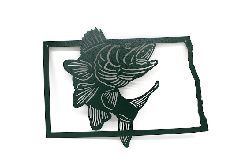 May include: A dark green metal wall art piece featuring a leaping fish silhouette within the outline of the state of Nebraska. The fish has detailed fins and scales, and the state outline is a simple, clean design.